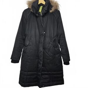 Soia & Kyo Black Down Long Coat Women's Large Fur Trim Hood Winter Warm Parka